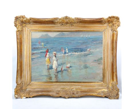 Contemporary Italian School, oil on canvas, impressionist beach scene, indistinctly signed, 50cm x 70cm, framedGood condition