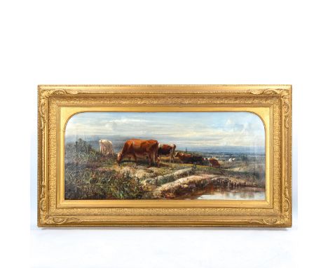 Herbert William Weekes (active 1856 - 1904), oil on canvas, cattle in extensive landscape, signed, 36cm x 81cm, original fram