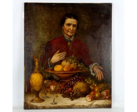 19th century oil on canvas, woman with fruit, unsigned, 76cm x 63cm, unframedRe-lined, no sign of previous tears etc, a few l