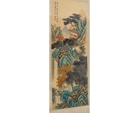 Chinese School, watercolour scroll painting, sign with chop and text inscription, image 62cm x 21cm, together with a scroll p