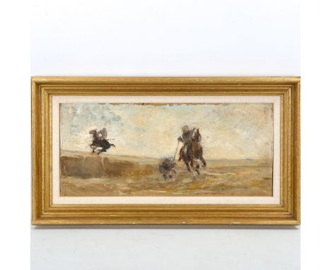 Oil on board, impressionist wild boar hunting scene, indistinctly signed?, 22cm x 50cm, framedSlightly dirty with light paint