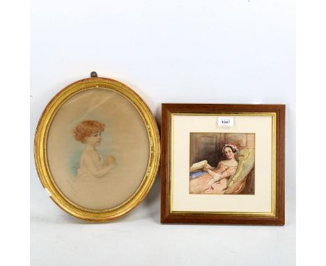 A 19th century watercolour, woman reading a book, unsigned, 15cm x 16cm, and Edith Scannell, watercolour, portrait of a child