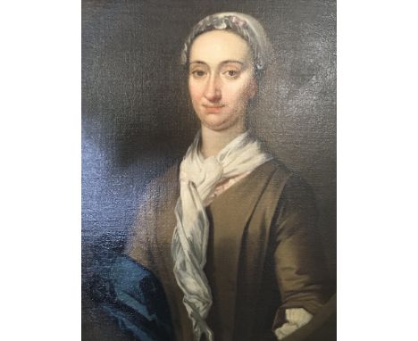 An 18th century portrait of a lady the frame with applied plaque Madam Jean Michelet circa 1730. Relined canvas and unattribu