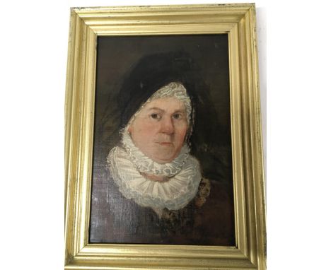 A framed oil painting portrait of an English Country lady. Unsigned and unattributed. The reverse with an interesting letter 