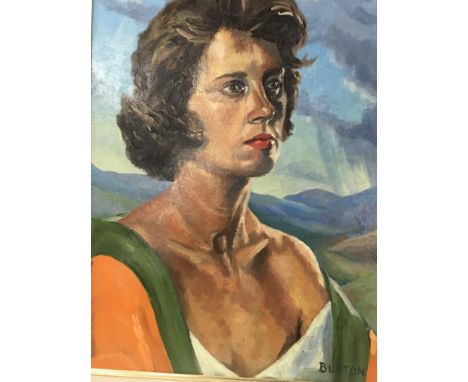A Modern mid 20th century oil painting on board portrait of a woman signed Burton. 57x71cm