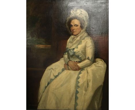 A framed oil on canvas late 18th century portrait three quarter length portrait of Lady Portalington attributed to George Rom