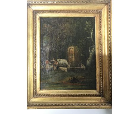 Two framed early 19th century oil paintings on canvas study of figures by a carved stone water trough with cattle unsigned an