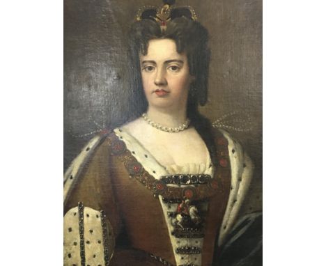 An unframed oil painting on canvas a portrait of Queen Anne. Possibly of the period and studio of Sir Godfrey Kneller (1646-1