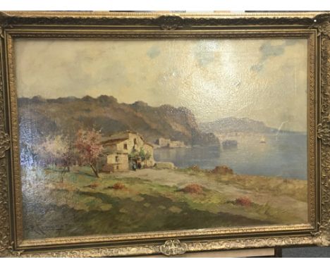 A framed oil painting. A distant study of the bay of Naples with traditional buildings. Signed by the artist R Romano Romolo 