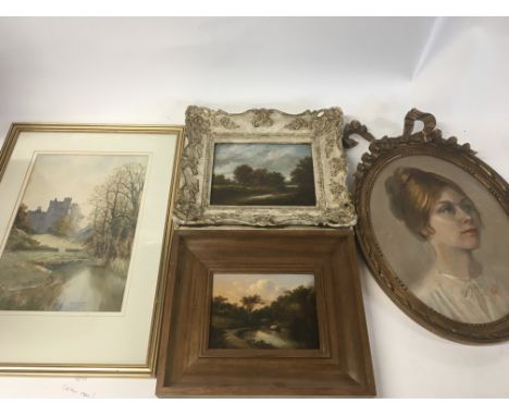 A collection of four framed oil partings and watercolours an oval portrait of a lady 20th century Two small English rural vie