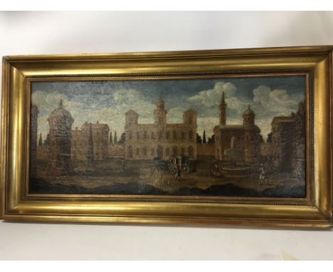 A framed oil painting on board possible remount early 18th century Architectural study with a horse drawn carriage and other 