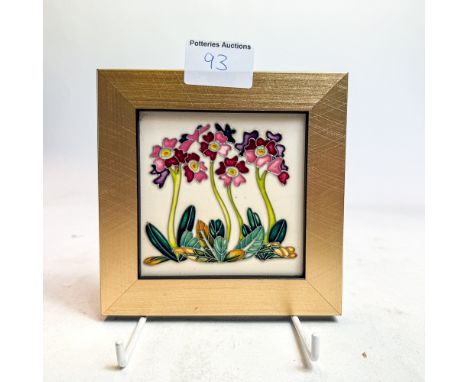 Moorcroft square framed plaque, decorated with Art Noveau style flowers, dated 2012, 14 x 14cm. 