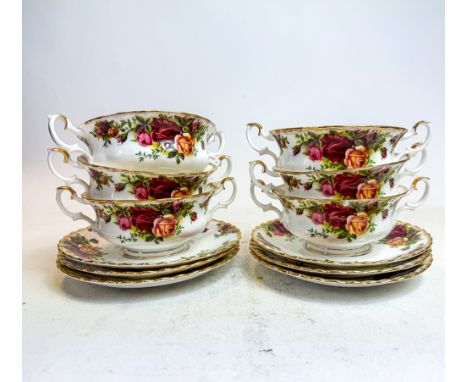 Set of Royal Albert English made Old Country Roses two handled soup cups and saucers. (12) 