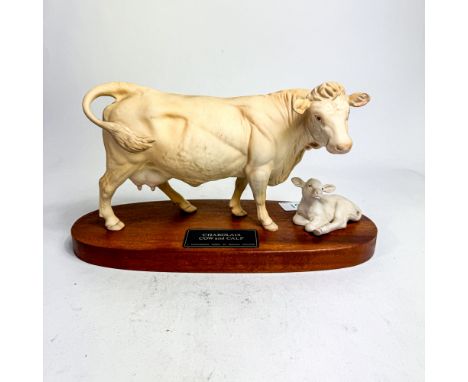 Beswick Connoisseur model of Charolais Cow &amp; Calf A2648/2652 on wood plinth. 