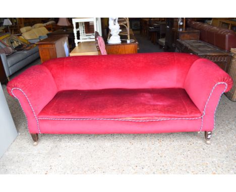 LARGE EARLY 20TH CENTURY RED VELOUR UPHOLSTERED SOFA, RAISED ON TAPERING SQUARE LEGS, 100CM WIDE