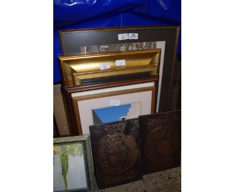 MIXED LOT OF FRAMED PHOTOGRAPHIC PRINT OF A HARBOUR SCENE PLUS VARIOUS MODERN PRINTS, NEEDLEWORK PICTURE AND MODERN COPPER MO
