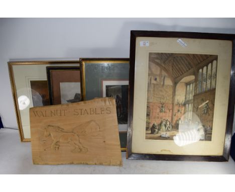 MIXED LOT: PICTURES TO INCLUDE COLOURED PRINT, PAUL OCKWELLS, PLUS THE ANCIENT HOUSE, BUTTERMARKET ETC, TOGETHER WITH A CARVE