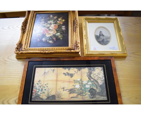 MIXED LOT: MODERN OIL ON BOARD STILL LIFE OF FLOWERS IN GILT FINISH FRAME, MODERN ORIENTAL PRINT AND A 19TH CENTURY OVAL PRIN