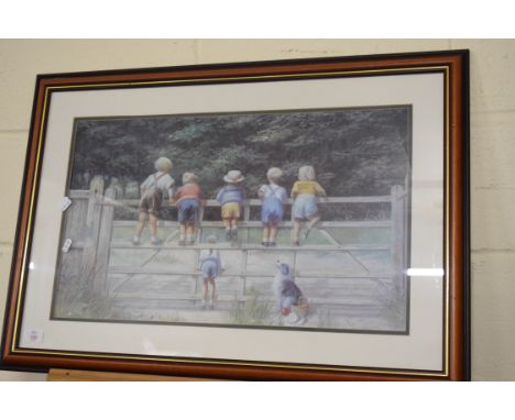 AFTER SPENCER COLEMAN, "BOTTOMS UP" COLOURED PRINT, 62 X 38CM FRAMED AND GLAZED