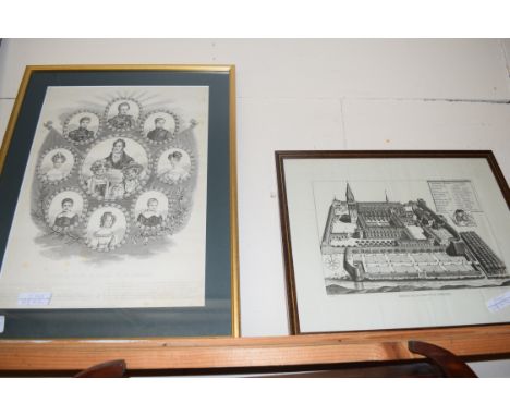 TWO 19TH CENTURY BLACK AND WHITE ENGRAVINGS, FRENCH, PHILIPPE ET SA FAMILLE, AND A FURTHER PRINT, ABBAYE DE LA TRINITE DE VEN