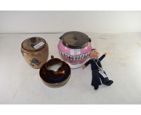 MIXED LOT: NORA WELLINGS TYPE SAILOR DOLL, COPPER LUSTRE JUG AND SUGAR BASIN, DOULTON SLATERS TOBACCO JAR AND A BISCUIT BARRE