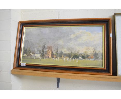 COLOURED TEXTURED PRINT, CRICKET SCENE, 58 X 27CM, FRAMED