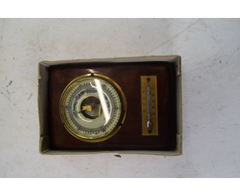SMALL WOOD MOUNTED ANEROID BAROMETER AND THERMOMETER COMBINATION