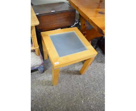 LIGHT WOOD FINISH COFFEE TABLE WITH GLASS INSET TOP, 50CM WIDE