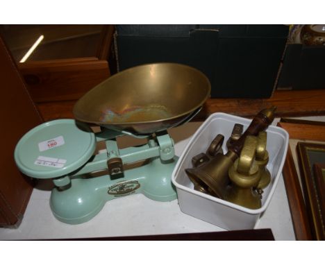 VINTAGE THORNTON &amp; CO SCALES TOGETHER WITH GRADUATED BRASS WEIGHTS AND A BELL