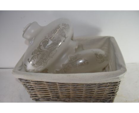 MIXED LOT: TWO FROSTED GLASS LIGHT SHADES AND A WICKER BASKET