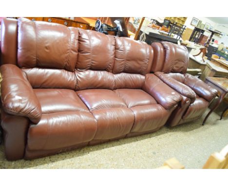 BROWN LEATHER THREE SEATER SOFA AND ACCOMPANYING RECLINER CHAIR