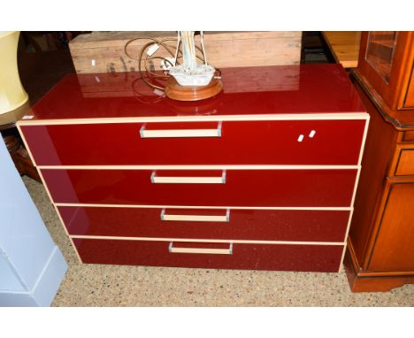 MODERN LIGHT WOOD AND RED GLASS FINISH FOUR DRAWER CHEST, 119CM WIDE