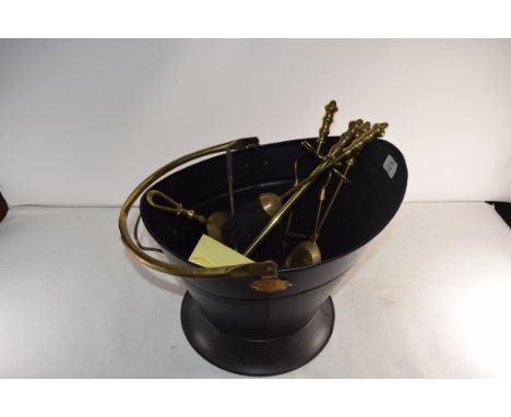 BRASS HANDLED COAL BUCKET CONTAINING FIRE TOOLS