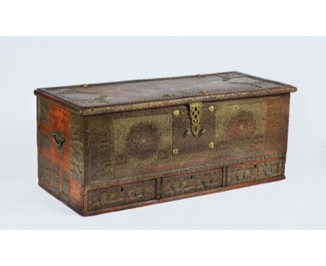 A large Zanzibar copper mounted teak trunkWith boss mounts and close nailing, 146cm wide; 61cm highcondition;in good antique 