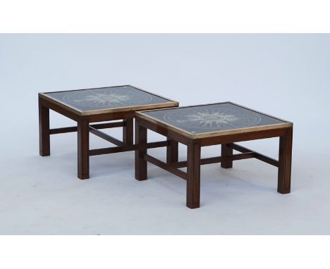 A pair of Campaign style brass bound square occasional tablesWith inset compass decoration, 61cm wide; 38cm high (2)