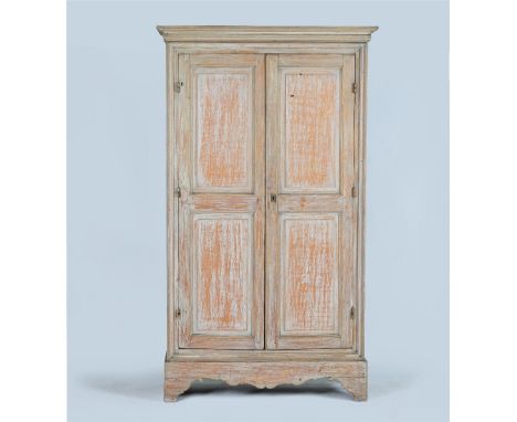 A grey-painted rectangular two door armoire119cm wide; 206cm highOverall in good condition. Scuffed and stripped back surface