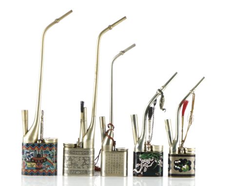 FIVE CHINESE OPIUM PIPES (5)20th CenturyFive Chinese opium pipes to include three white metal and cloisonne enamel examples, 
