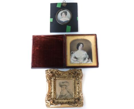 Portrait miniature of a lady in a white dressEnglish School, 19th Centurywatercolour heightened with white in a leather cover