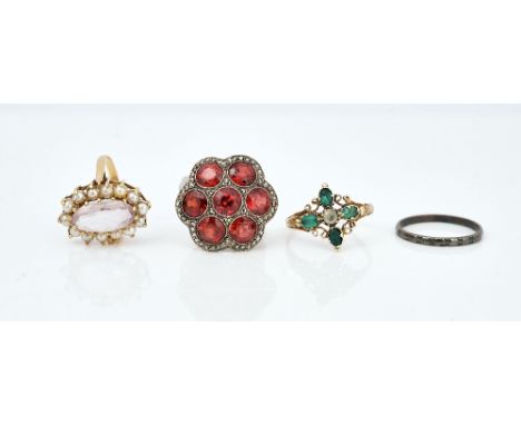 A gold, amethyst and half pearl set oval cluster ring and three further rings (4)Comprising; a Victorian green and colourless