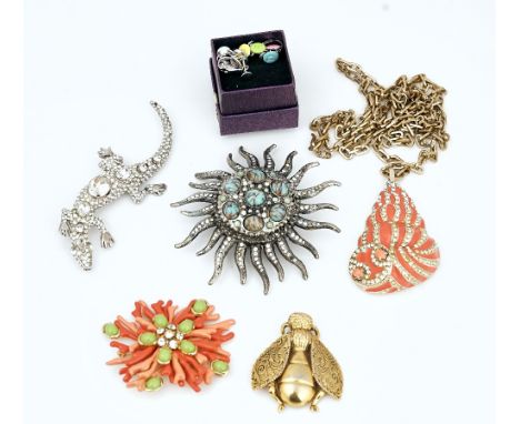 A collection of costume jewellery (6)Comprising; a colourless paste lizard brooch, a Christian Dior Boutique winged insect gi