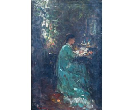Nicolae Grigorescu (Romanian, 1838-1907)A woman at her bureausigned 'Grigorescu' (lower left) oil on canvas41 x 28cmProvenanc