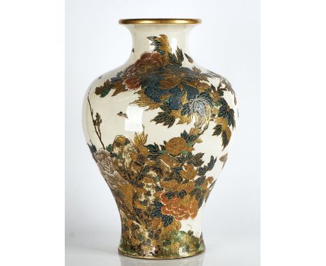 A good and very large Japanese Satsuma vase signed SuizanMeiji periodof broad baluster form, painted in relief with flowering