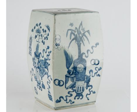 A Chinese blue and white garden seatmodernof square section, painted each side with vases and Buddhist emblems, apochryphal s