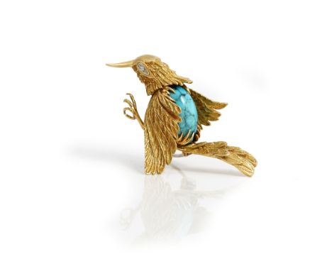 A French gold and turquoise broochdesigned as a bird, the body mounted with an oval turquoise and with a circular cut diamond