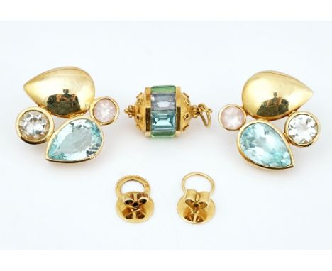 A pair of silver gilt and gem set earstuds and a pendant (3)Each silver gilt earstud mounted with a pear shaped blue topaz an