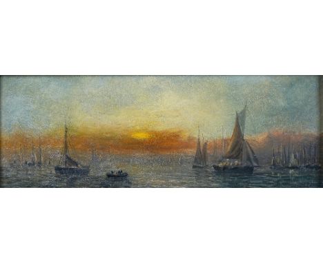Adolphus Knell (Dutch, active 1860-1890)Shipping at Sunrise; Shipping at Sunset, a pairoil on board11.5 x 30.5cm(2)Both appea