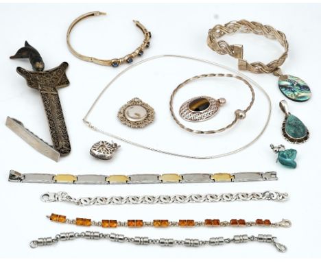 A silver gilt, diamond and blue gem set oval hinged bangle and further silver and other jewellery (16)Comprising; an amber br