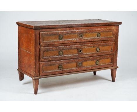 A Louis XVI painted three drawer commode131cm wide; 84cm highNote;Missing leg in drawer, will need to be re fixed, see photos