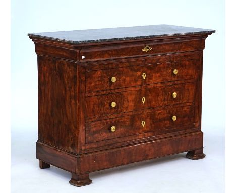 A French figured walnut four drawer commode19th century,  with marble top, 130cm wide; 100cm highCondition report:- In good r