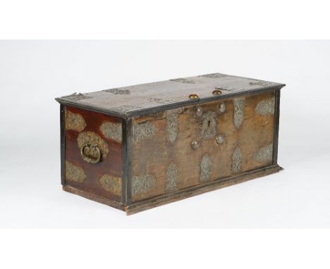A Zanzibar style metal mounted teak trunkWith boss mounts, 110cm wide; 46cm highCondition report:- 47cm deep